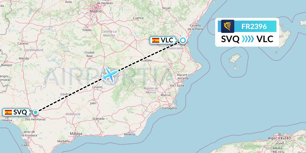FR2396 Ryanair Flight Map: Seville to Valencia