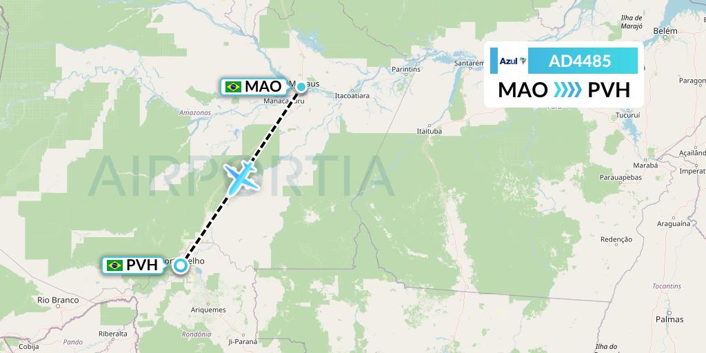 AD4485 Azul Brazilian Airlines Flight Map: Manaus to Porto Velho