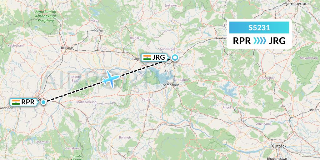 S5231 Star Air Flight Map: Raipur to Ranchi