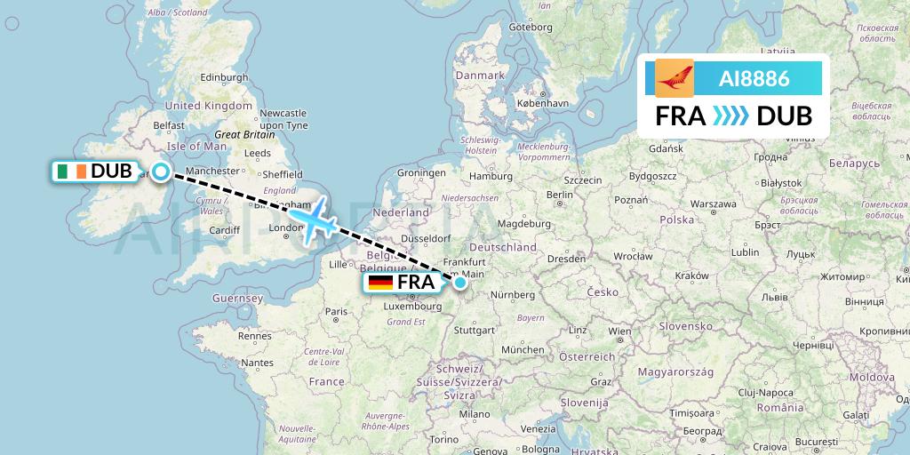 AI8886 Air India Flight Map: Frankfurt to Dublin