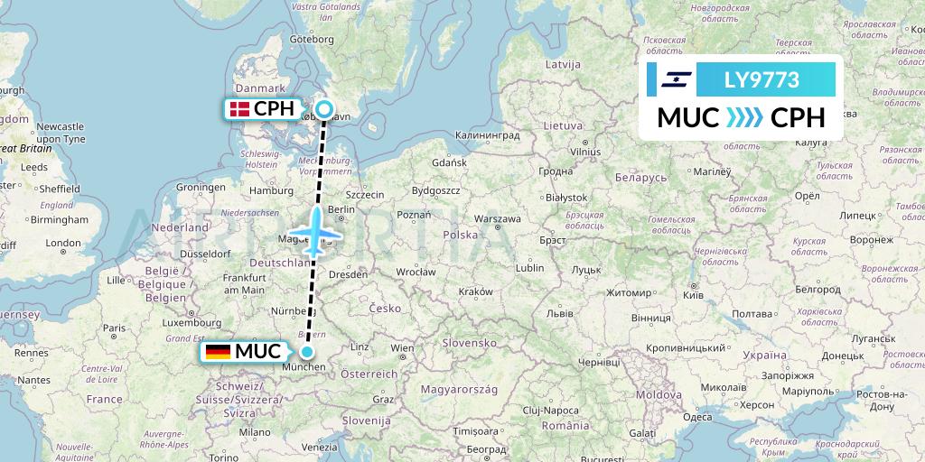 LY9773 El Al Flight Map: Munich to Copenhagen