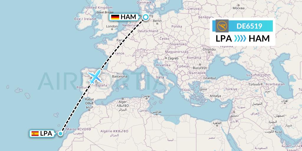 DE6519 Condor Flight Map: Las Palmas to Hamburg