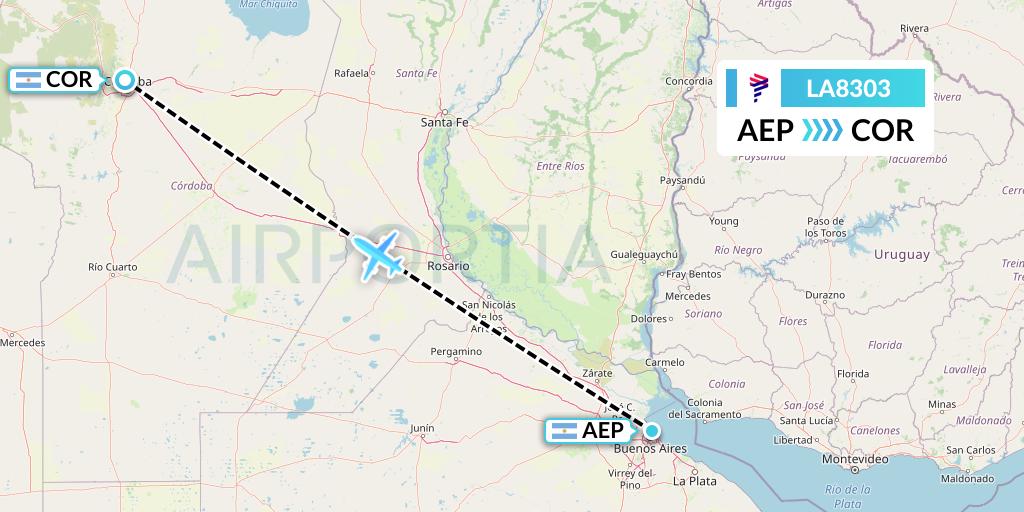 LA8303 LAN Airlines Flight Map: Buenos Aires to Cordoba