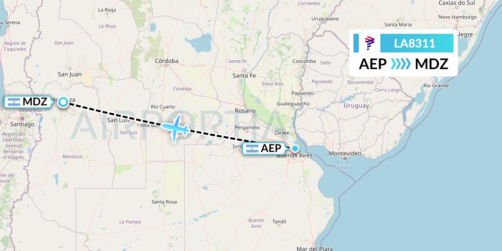 LA8311 LAN Airlines Flight Map: Buenos Aires to Mendoza