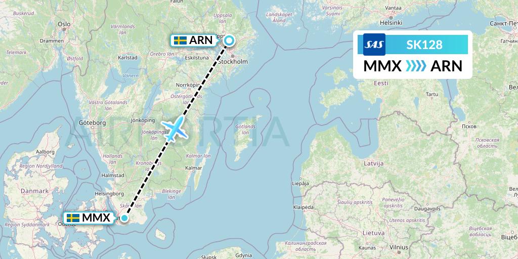 SK128 SAS Flight Map: Malmo to Stockholm