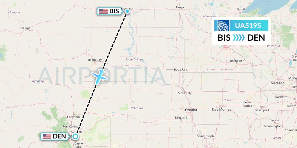 UA5195 United Airlines Flight Map: Bismarck to Denver