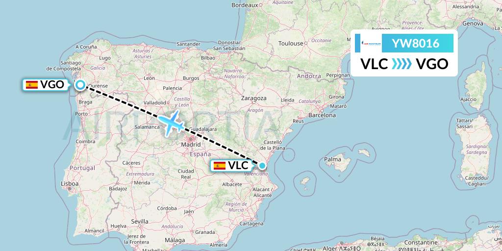 YW8016 Air Nostrum Flight Map: Valencia to Vigo