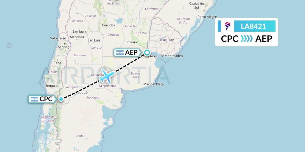 LA8421 LAN Airlines Flight Map: San Martin de los Andes to Buenos Aires