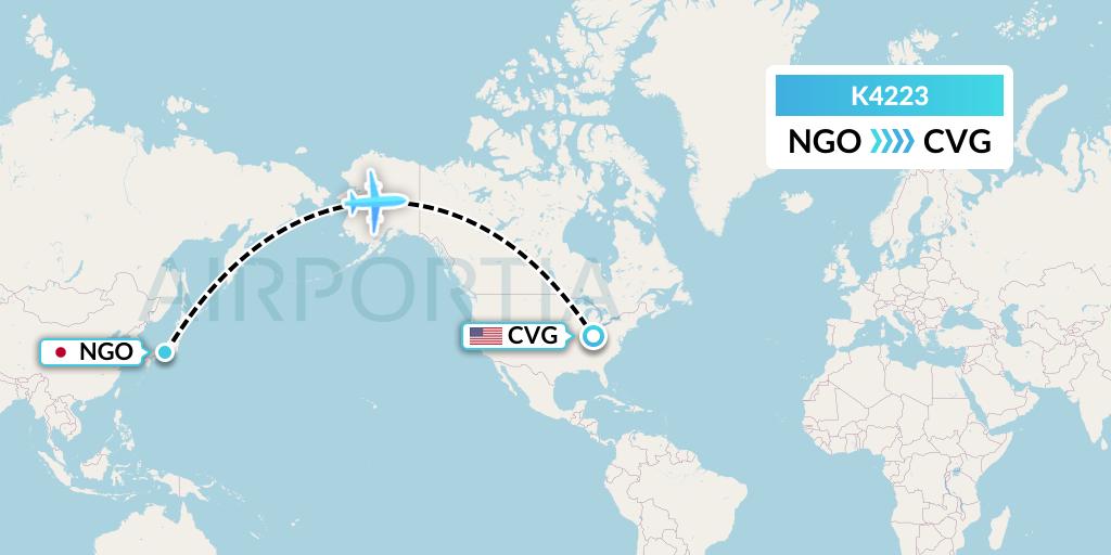K4223 Kalitta Air Flight Map: Nagoya to Cincinnati