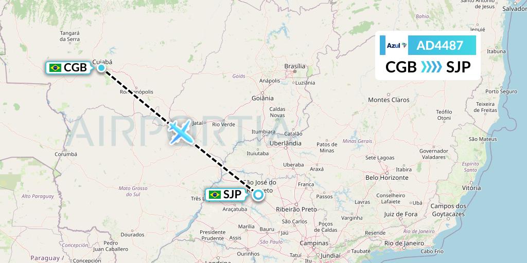 AD4487 Azul Brazilian Airlines Flight Map: Cuiaba to Sao Jose Do Rio Preto