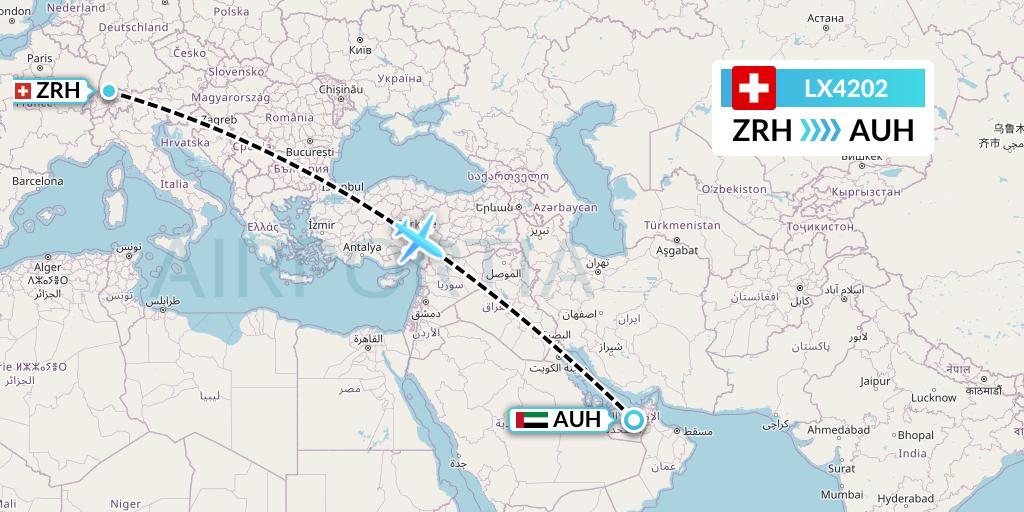 LX4202 Swiss Flight Map: Zurich to Abu Dhabi