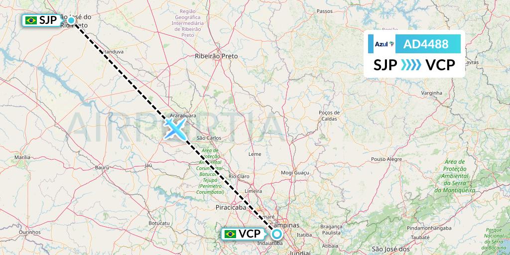 AD4488 Azul Brazilian Airlines Flight Map: Sao Jose Do Rio Preto to Campinas