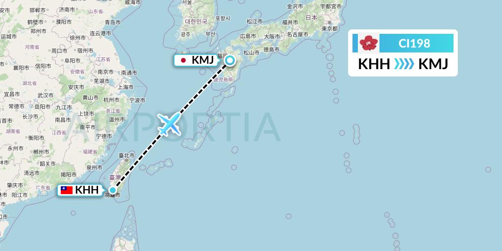 CI198 China Airlines Flight Map: Kaohsiung to Kumamoto