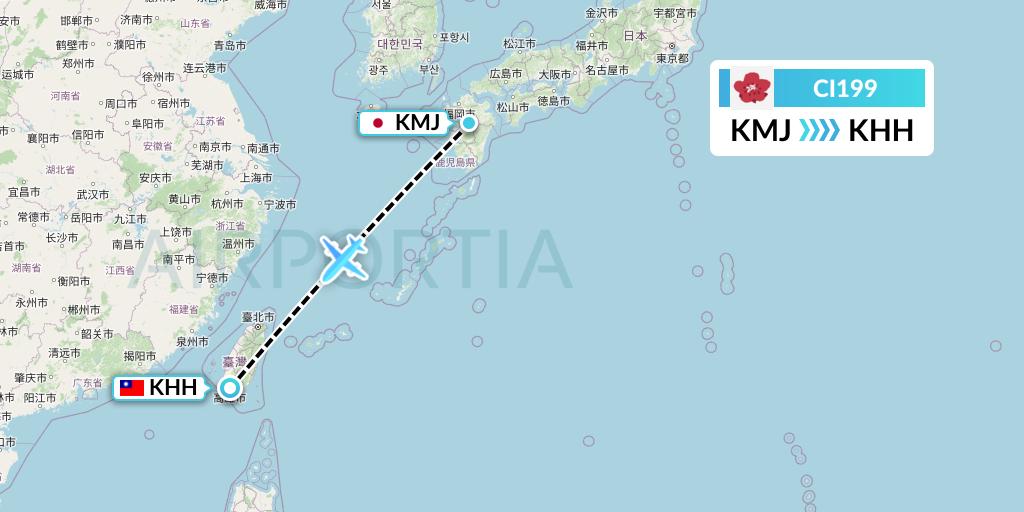 CI199 China Airlines Flight Map: Kumamoto to Kaohsiung