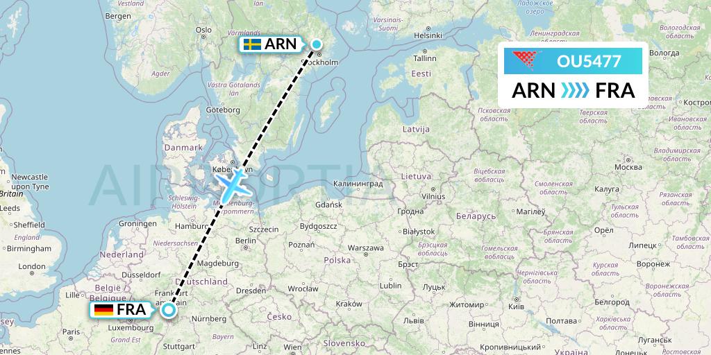 OU5477 Croatia Airlines Flight Map: Stockholm to Frankfurt