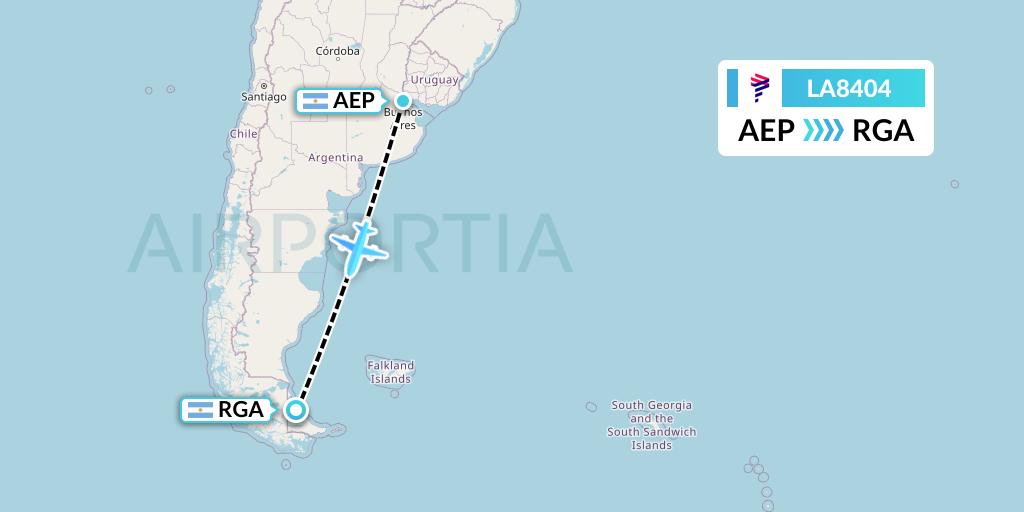 LA8404 LAN Airlines Flight Map: Buenos Aires to Rio Grande