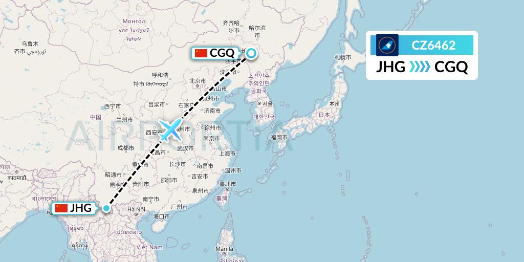 CZ6462 China Southern Airlines Flight Map: Jinghong to Changchun