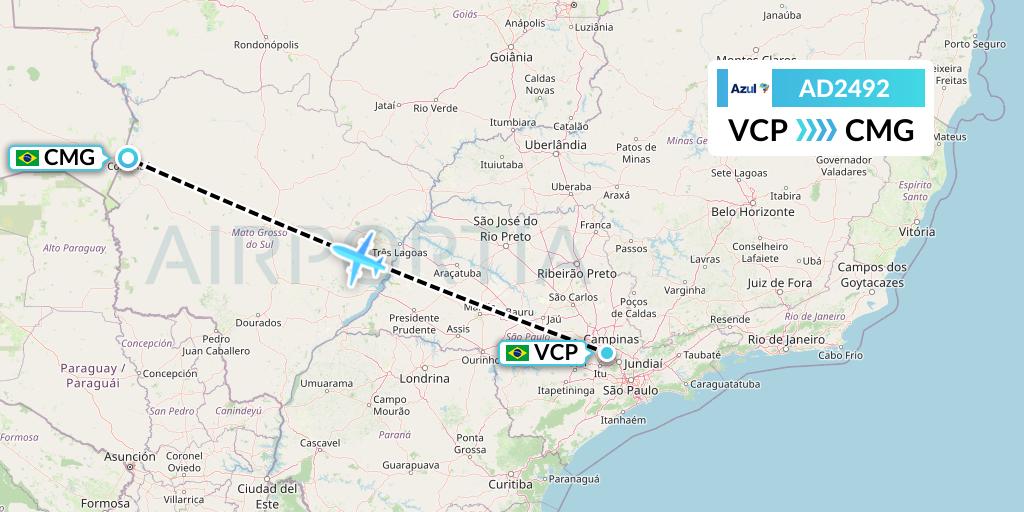 AD2492 Azul Brazilian Airlines Flight Map: Campinas to Corumba
