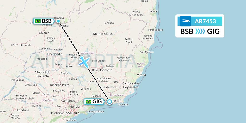 AR7453 Aerolineas Argentinas Flight Map: Brasilia to Rio de Janeiro
