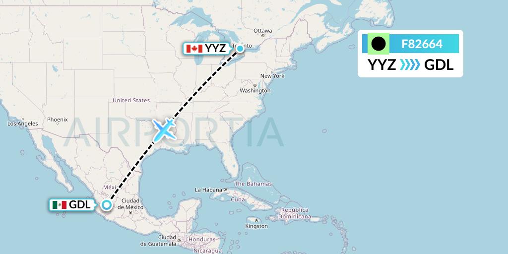 F82664 Flair Airlines Flight Map: Toronto to Guadalajara