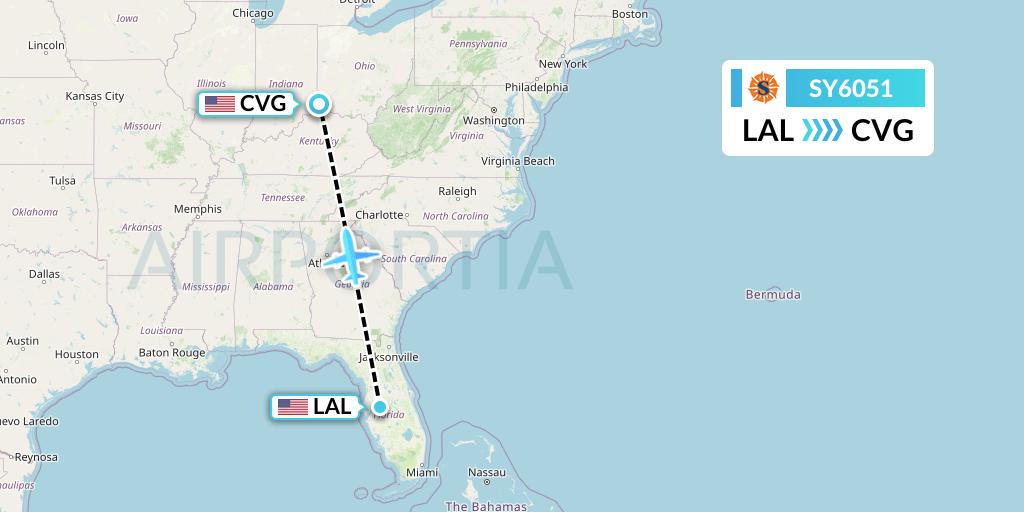SY6051 Sun Country Airlines Flight Map: Lakeland to Cincinnati