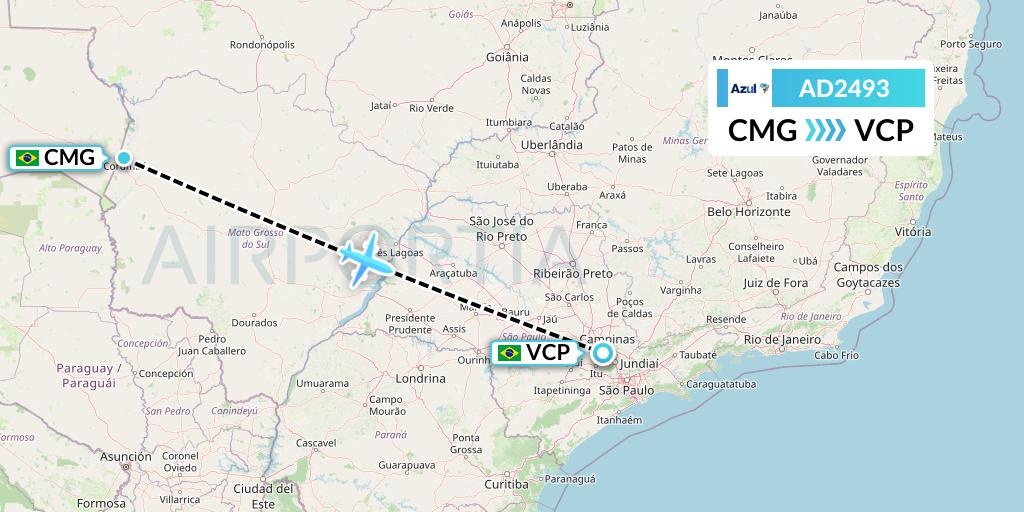 AD2493 Azul Brazilian Airlines Flight Map: Corumba to Campinas