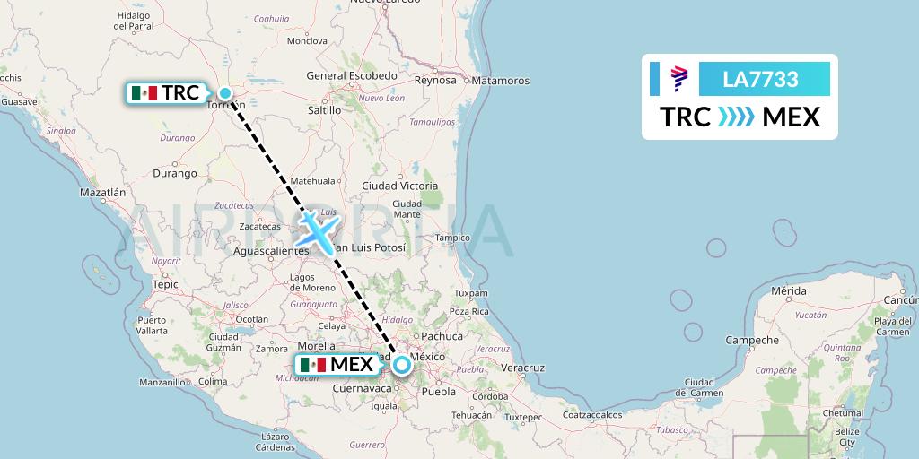 LA7733 LAN Airlines Flight Map: Torreon to Mexico City