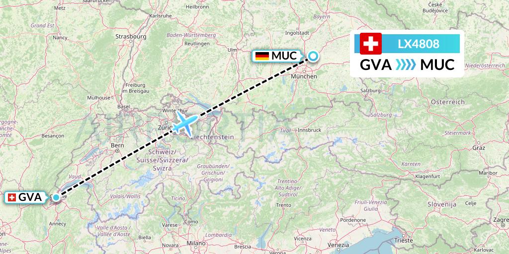 LX4808 Swiss Flight Map: Geneva to Munich