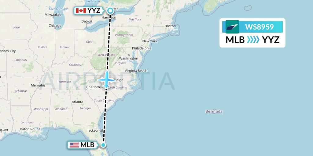 WS8959 WestJet Flight Map: Melbourne to Toronto