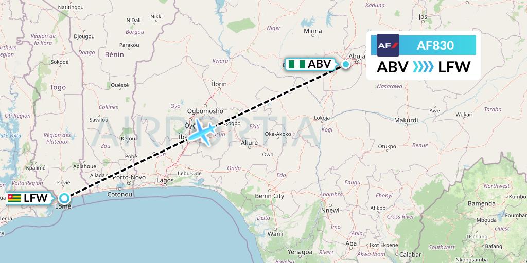 AF830 Air France Flight Map: Abuja to Lome