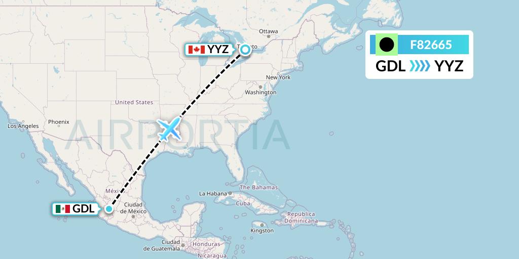 F82665 Flair Airlines Flight Map: Guadalajara to Toronto