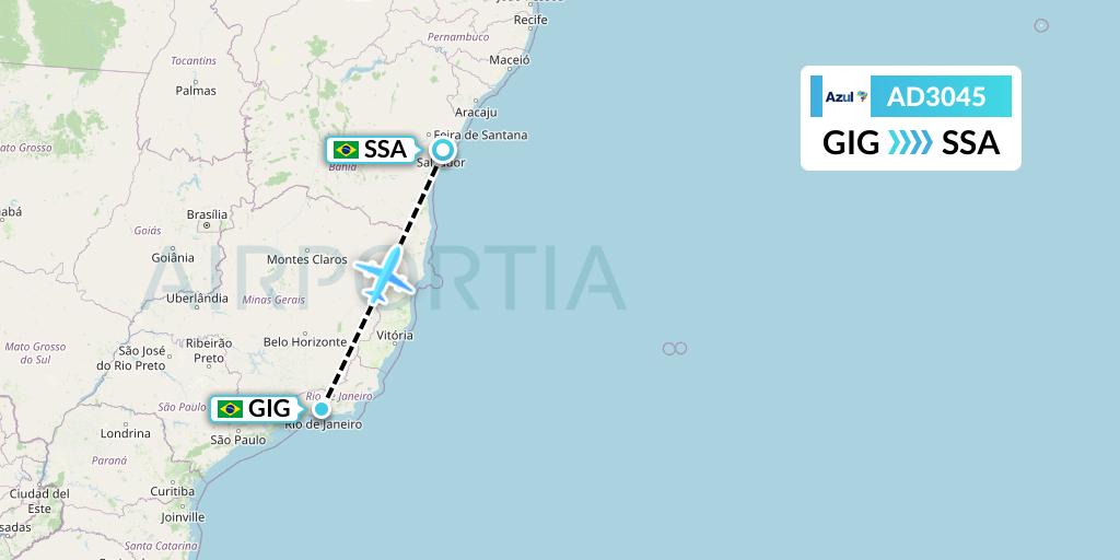 AD3045 Azul Brazilian Airlines Flight Map: Rio de Janeiro to Salvador