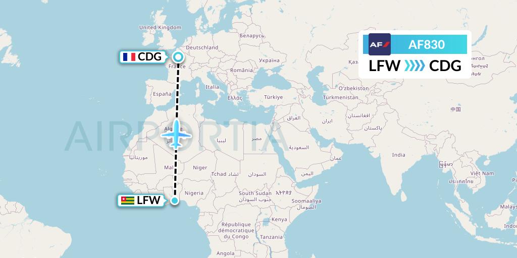 AF830 Air France Flight Map: Lome to Paris