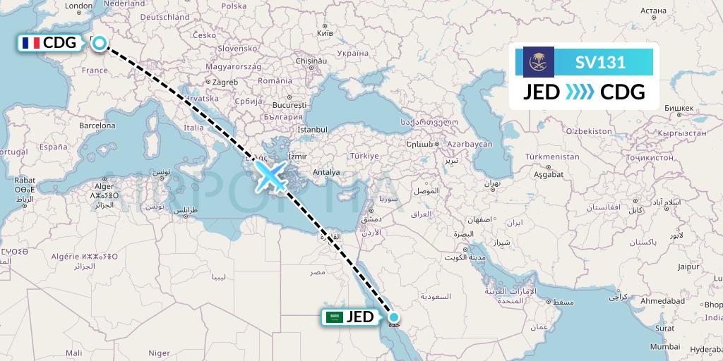SV131 Saudi Arabian Airlines Flight Map: Jeddah to Paris