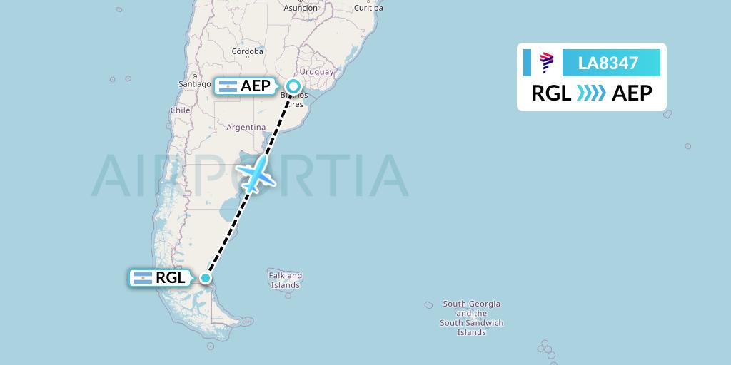 LA8347 LAN Airlines Flight Map: Rio Gallegos to Buenos Aires