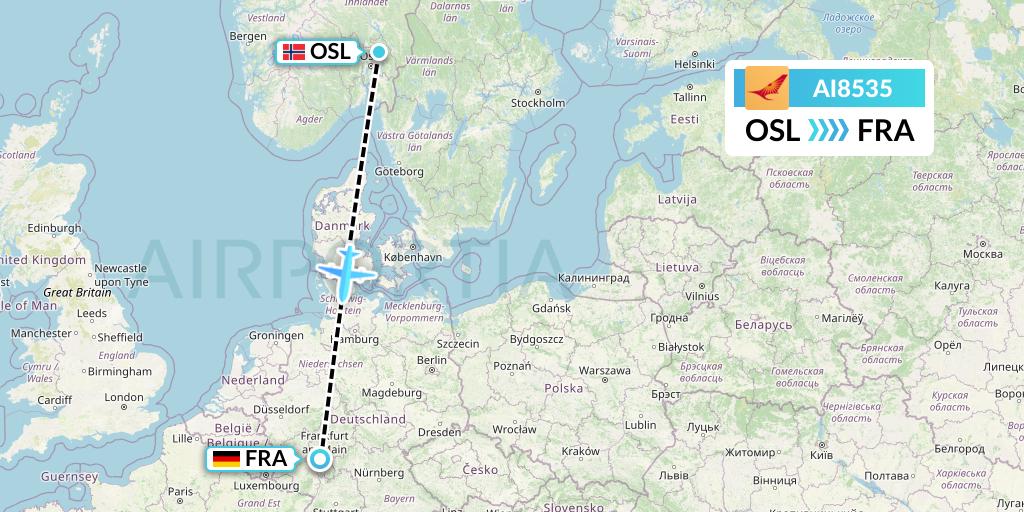 AI8535 Air India Flight Map: Oslo to Frankfurt