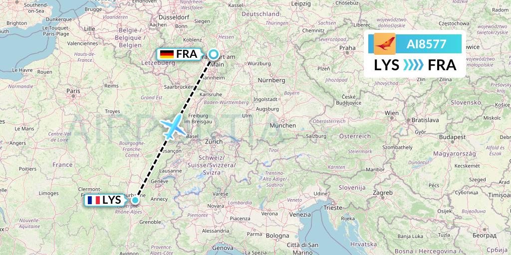 AI8577 Air India Flight Map: Lyon to Frankfurt