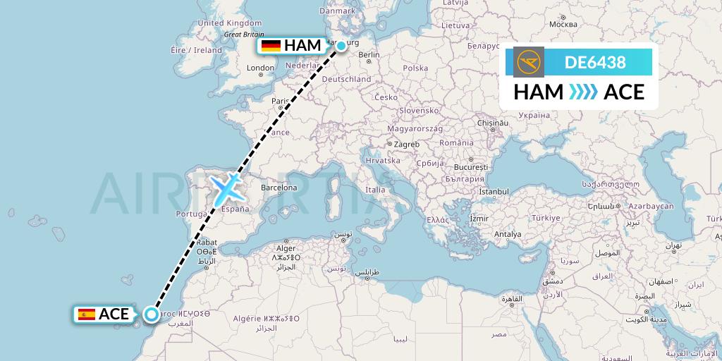 DE6438 Condor Flight Map: Hamburg to Lanzarote