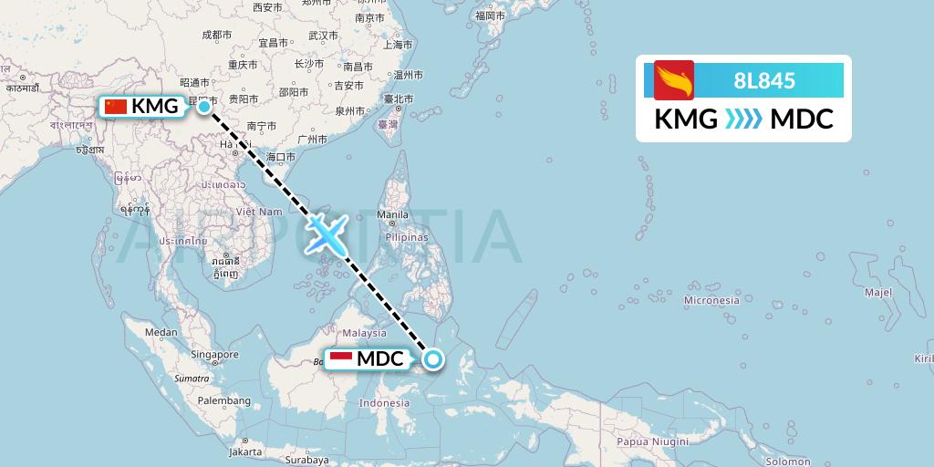 8L845 Lucky Air Flight Map: Kunming to Manado