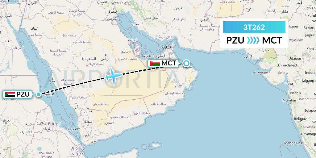 3T262 Tarco Airlines Flight Map: Port Sudan to Muscat