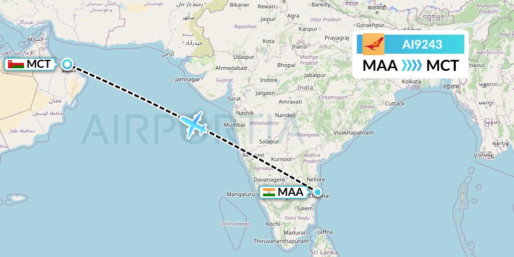 AI9243 Air India Flight Map: Chennai to Muscat