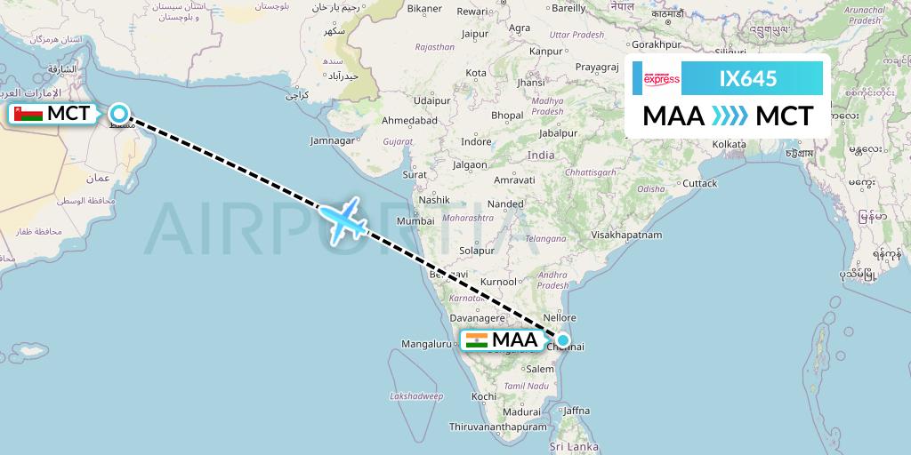 IX645 Air India Express Flight Map: Chennai to Muscat