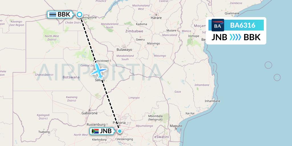BA6316 British Airways Flight Map: Johannesburg to Kasane
