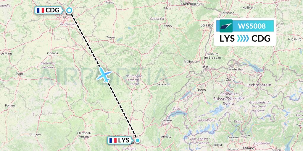 WS5008 WestJet Flight Map: Lyon to Paris