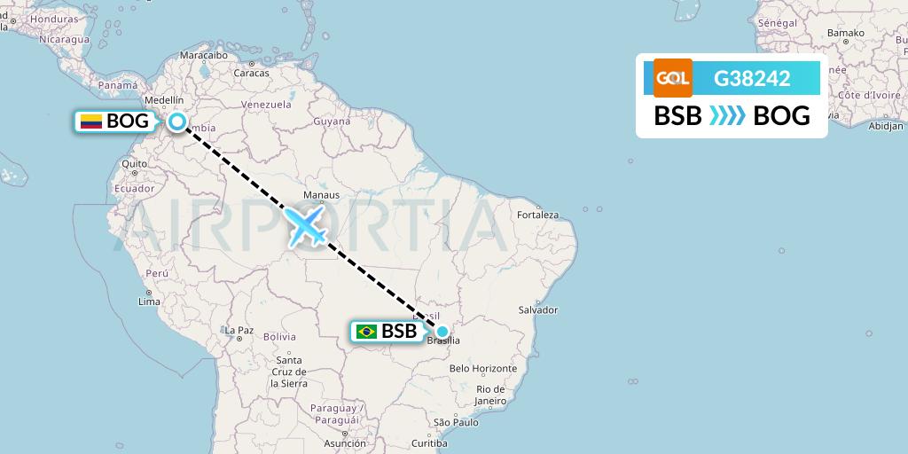 G38242 GOL Transportes Aeros Flight Map: Brasilia to Bogota