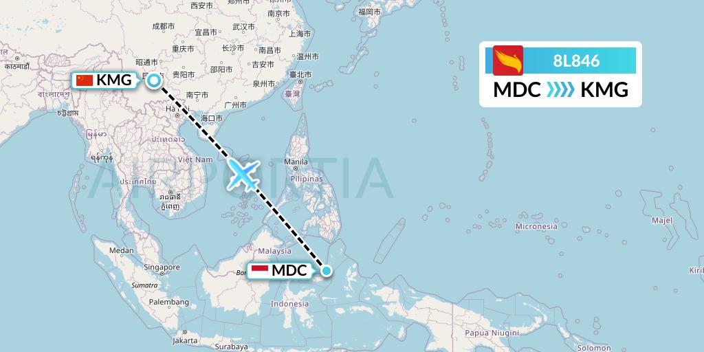 8L846 Lucky Air Flight Map: Manado to Kunming