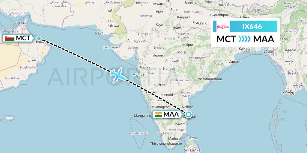 IX646 Air India Express Flight Map: Muscat to Chennai