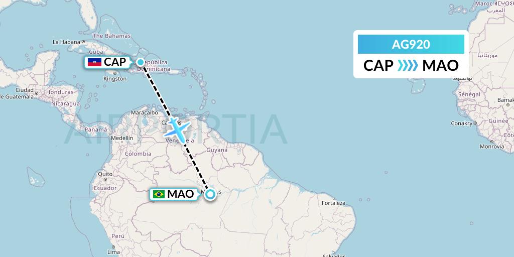 AG920 Aruba Airlines Flight Map: Cap-Haitien to Manaus