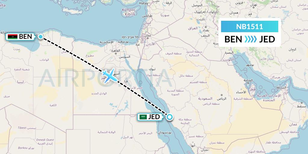 NB1511 Berniq Airways Flight Map: Benghazi to Jeddah
