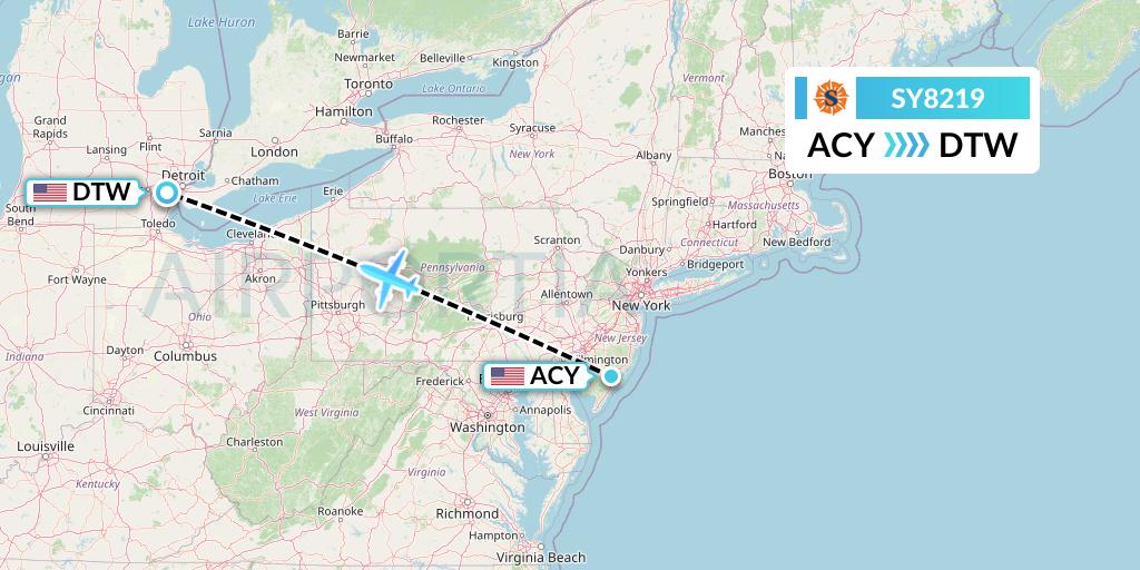 SY8219 Sun Country Airlines Flight Map: Atlantic City to Detroit